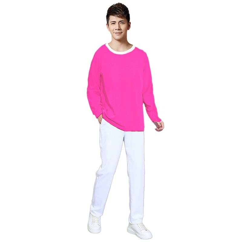 Long sleeves of red shirts plus white trousers